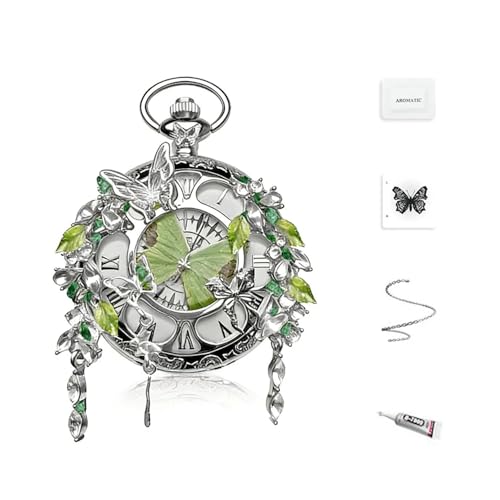 FARIDRUN Ladies' Vintage Butterfly Pocket Watch, Silver Hollow Carved Leaf