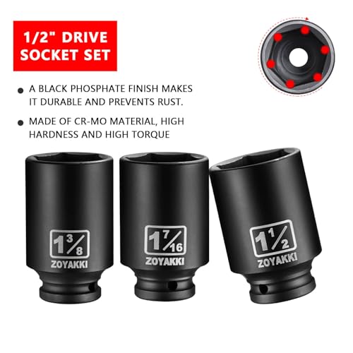 ZOYAKKI 1/2" Drive Deep 6-Point Impact Socket Set,7 PCS Standard SAE (1-3/4 to 1-3/8inch) Spindle Axle Nut Impact Socket Set,Cr-Mo Alloy Steel for Auto Repair, Storage Case by ZOYAKKI - Image 3