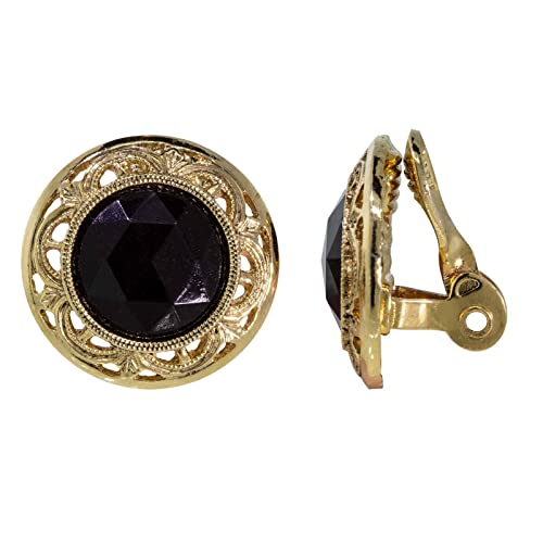 1928 Jewelry Women's Faceted Jet Black Stone Round Button Clip On Earrings #TOP10