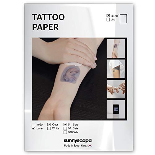 Sunnyscopa Printable Temporary Tattoo Paper for LASER printer - US LETTER SIZE 8.5"X11", 5 SHEETS - DIY Personalized Image Transfer Sheet for skin - Custom Waterslide Decal Stencil Henna