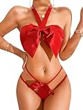 Kaei&Shi Bow Bra and Panty Set,2 Piece Halter Sexy Christmas Lingerie for Women,Satin Ribbon Present Lingerie Xmas Valentines Holiday Petite Red Small