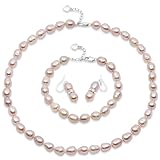 Süßwasser-Zuchtperlen-Schmuckkollektion – klassische cremeweiße, schwarze, rosa oder lavendelfarbene Perlen – elegante endlose lange Halskette oder passende Halskette, Armband und Ohrringe Set