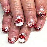 24Pcs Christmas French Tip Press on Nails Short Square Fake Nails for Red Christmas Hat Nails Art White French Tips False Nails Christmas Snowflake Full Cover Artificial Glue on Nails for Women Kit