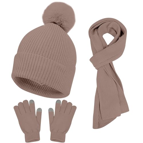 Generisk kvinnor och män vinter varm söt ull hatt halsduk handskar tre stycken vinter snö stickad mössa skärm vantar halsdukar set dammössa med tofs, kaki, one size