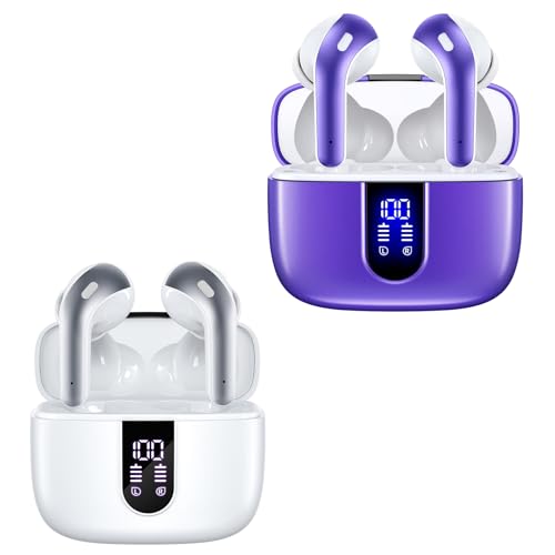 TAGRY 2 Sets X08 White and Phantom Purple Bluetooth Headphones True Wireless Earbuds 60H Playback Ear Buds with Wireless Charging Case in-Ear Earbuds with Mic