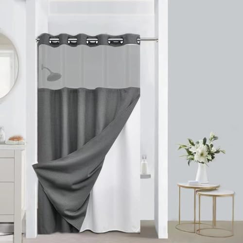 CYPL No Hooks Required Waffle Weave Shower Curtain with Snap in Liner-Hotel Grade Waterproof & Mesh Top Window Spa Like Small Stall Bath Curtain Machine Washable Heavy Duty 54Wx80L Grey