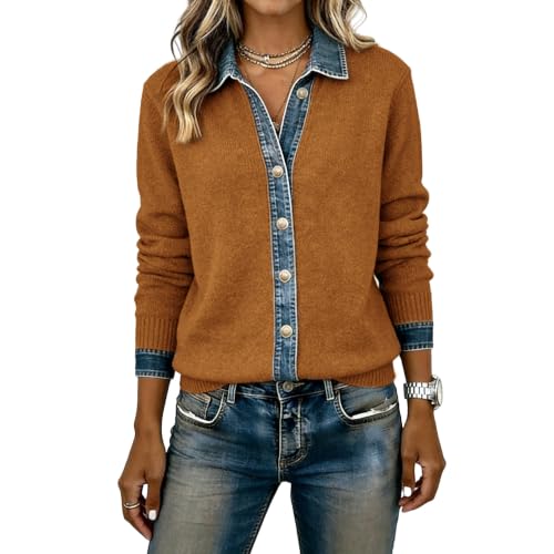 Women's Cardigan Sweaters Denim Patchwork Trim Knitted Tops Long Sleeve Button Outerwear(Brown,M)