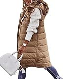 Bellezasourire Damen Lange Jacke Weste Ärmellose Daunenweste Kapuzenweste Lange Steppweste Winteroberbekleidung Reißverschluss Mantel Outdoor Pufferweste Oberbekleidung(L,Khaki A)