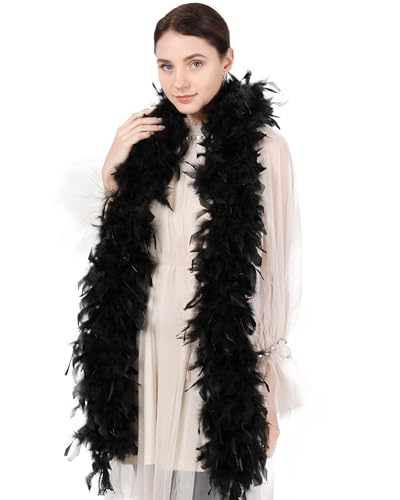 Wickedfun Feather Boa, Black Feather Boa, 1.5m Feather Boas Fancy Dress Burlesque Feathers, Party Cosplay Accessories Wedding Christmas Ladies Dress Costume (Black)