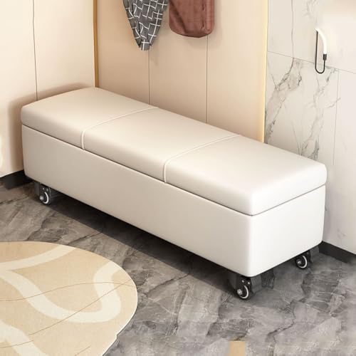 Banco de almacenamiento beige de 110 cm con asiento acolchado, zapatero rodante, para pies de cama, baúl largo para dormitorio y entrada, muebles elegantes y funcionales