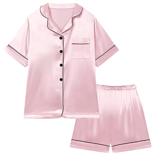 Little Boys Girls Short Satin Pajamas Set Classic Silk Pjs Toddler Kids 2 Piece Sleepwear Button-Down Short Sleeve