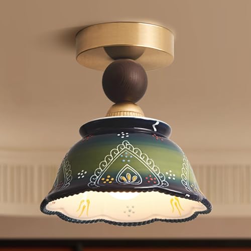 Green Ceramic Wood Base Semi Flush Mount Ceiling Light Vintage