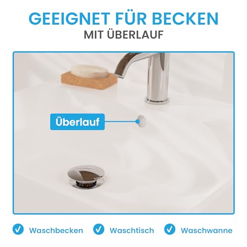 Bächlein Universal Ablaufgarnitur mit Überlauf (Chrom) - Pop Up Ventil für Waschbecken und Waschtisch – Ablaufventil Abflussgarnitur aus Messing mit Einbauanleitung