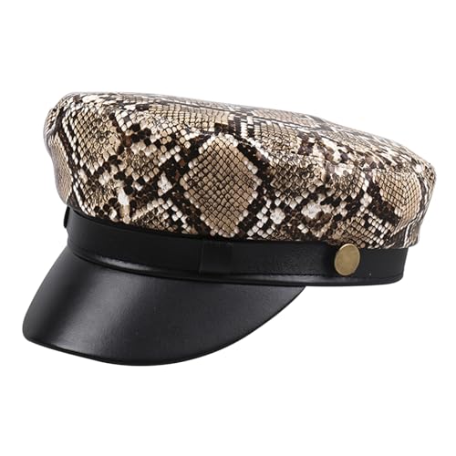 Women's Newsboy Cap Leopard Print PU Leather Fashion Rivets Beret Cap Studded Punk Sailor Hat Flat Top Hat
