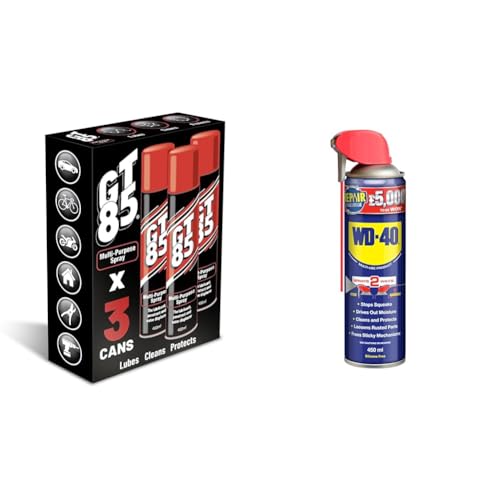 GT85 Triple Pack: Lubricates, Cleans & Protects Metal/Composite, Rust Defense, Stuck Parts Ease & WD-40 Multi-Use Smart Straw 450ml Spray Aerosol Can Clean Rust Lubricant, blue