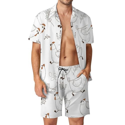 Chemise Hawaïenne Homme Poule Ensemble Été Short et Pantalon de Plage S