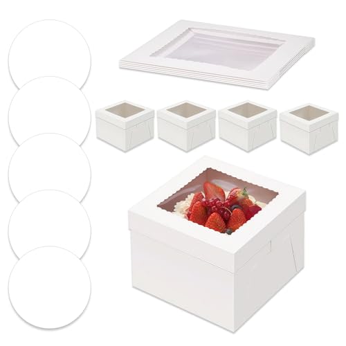5 Pièces Blanc Boite Transport Gateau avec FenêTre, 25,4×25,4×20,3 cm Boite a Gateau Carton, Boîtes à Gâteau avec Planche à Gâteau pour Transporter et Conserver des Biscuits, Cupcakes, Muffins