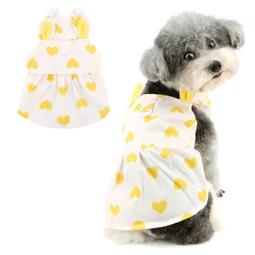 RANPHY 犬 服 春 夏 犬の服 かわいい 兎の耳 ハート柄ワンピース 袖なしフリルスカート女の子 超小型犬 小型犬 子犬 薄手春夏服 猫服ペット洋服 Dリング付部屋着お散歩お出かけ撮影写真,イエロー,S
