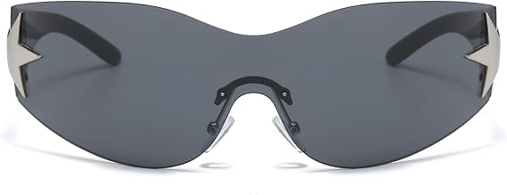 Long Keeper Rimless Wrap Around Sunglasses for Women Men, Trendy Womens Y2K Sunglasses Oversized Shades Cool Star Fashion Sun Glasses UV400