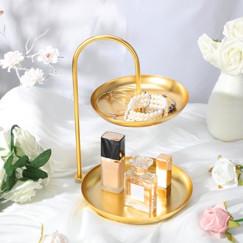 Maxcheck 2 Pcs Necklace Display Stand 2 Tier Jewelry Holder Tabletop Jewelry Organizer Tower with Round Storage Tray Organizer Tower for Bracelets Necklaces Earrings Makeups(Gold)