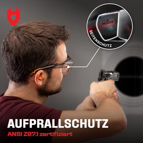 NoCry Sicherheits-Überbrille mit Kratzbeständigen Gläsern, Seitenschutz, Verstellbaren Bügeln, 400 UV-Schutz, schwarz oranger Rahmen und EN166, EN170, EN172, EN175 Zertifiziert