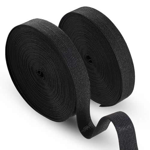 2 Rolls Black Elastic for Sewing, Wide 20mm(0.8") x 12M Flat Elastic Band for Sewing Bands, Stretchable Waistband Thick BlackElastic Bands for DIY Crafts Trousers Headbands Dressmaking(Black)