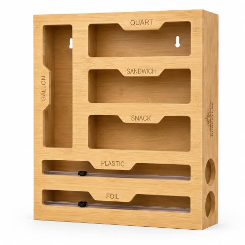 Aurexpeak Bamboo 6-in-1 Foil and Plastic Wrap Organizer for Kitchen Drawers, Multi-Slot Dispenser for Bags, Rolls, Wraps, and Organized Everyday Food Preparation and Storage for Home Use