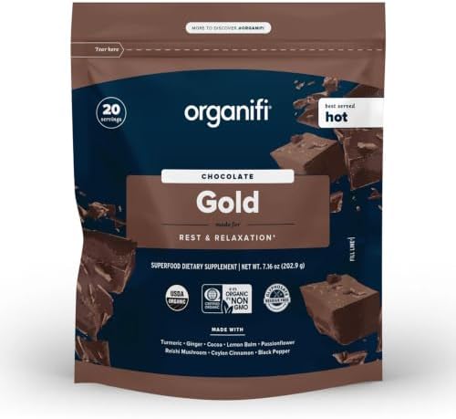 Organifi - Gold Chocolate - Superfood Supplement Powder - 20 Day Supply - Supports Restful Sleep, Immune Health and Recovery - Cocoa, Organic Turmeric and Reishi Mushroom Infused Golden Milk Drink Mix