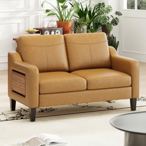 MALOL 51" Leather Loveseat Sofa with Foldable Side Table, Brown