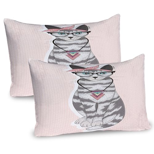 Ambesonne Cat Pillow Sham Set of 2, Pop Art Vibes Kitty Illustration with Glasses on Blushy Tone Polka Dotted Backdrop, Quality Microfiber Bedding Item for All Seasons, 26