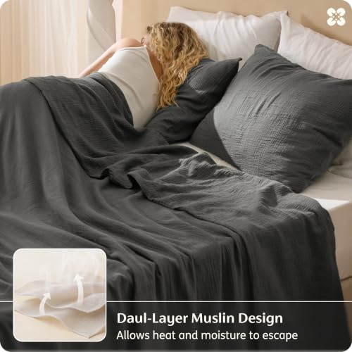 Image of Bedsure 100% Muslin Cotton Duvet Cover Queen Size - Ultra-Soft Gauze Duvet Cover, PureWoven Breathable & Lightweight Bedding Set with Button Closure and Corner Ties (Dark Grey, Queen, 90 inchx90 inch)