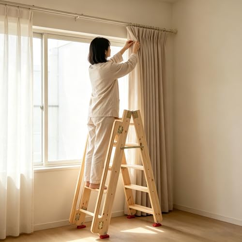 Image of 8.2ft Folding Wooden Loft Ladder, 10 Steps Rolling Library Ladder with Dual Handrails, Industrial Style SolidWood Step Ladder, Portable Loft Attic Ladder, 660LBS, for Attic, Warehouse, Library