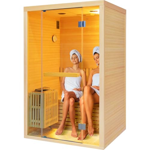 HOSAUNA Steam Sauna, 2 Person Traditional Indoor Sauna with 3KW/240V Stove Heater, Wood Sauna Room Hemlock with Wooden Barrel and Spoon, Sauna Stone, Cup Holder, LED Lighting, Bluetooth Speaker