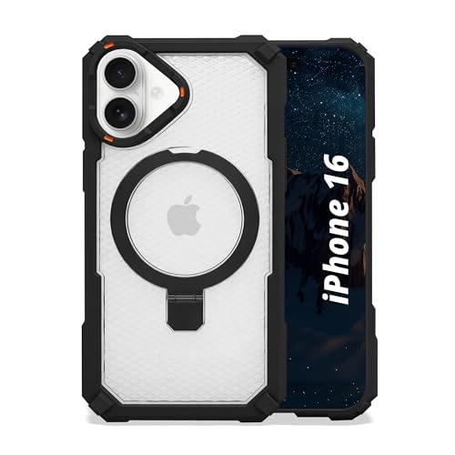 Image of AIBEX Transparent Back Cover Compatible for iPhone 16| Mag-Saf Magnetic Ring Kickstand | Shockproof Dual Layer Military Grade Drop Protection Armor Case| Wireless Charging Support - Black