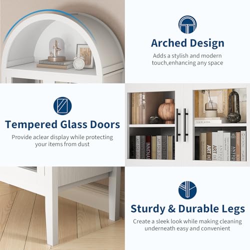 71" Tall Arched Kitchen Pantry Cabinet, Modern Farmhouse Kitchen Storage Cabinets with LED Lights, Arched Cabinet with Open & Adjustable Shelves, Glass Door for Dining Room, Kitchen, White by IDEALHOUSE - Image 4