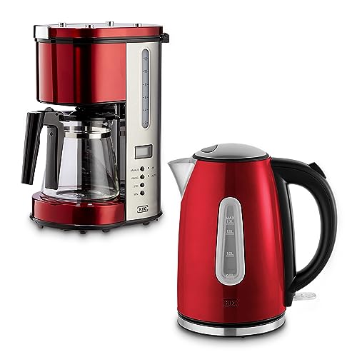 KHG Frühstücksset Wasserkocher & Kaffeemaschine Rot, Edelstahl Metallic Chrom, 1,7l Kapazität & 12 Tassen Kaffee, Kontrollleuchten, LCD-Display, Permanentfilter, Tropfstop