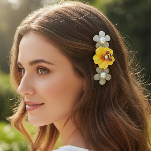 Image of Alvero Premium Acrylic Flower Hair Pin with Bee Design, Floral Designer Hair Clips for Women & Girls, Lightweight, Strong Grip Side Pin, Decorative Hair Accessory for Wedding & Party (Pack of 2 Piece) (Cream)