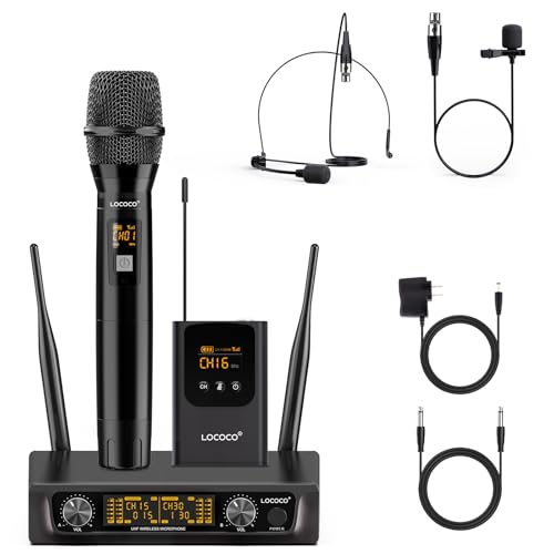 UHF Wireless Microphone System Set: Metal Cordless Handheld/Headset/Lavalier Lapel Mics, Bodypack...