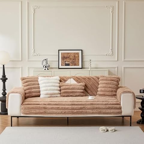 STACYPIK Soft Faux Rabbit Fur Sofa Cover Dark Khaki Couch Cover for Sectional Plush Slipcover Protector for 2 Cushion Couch Washable Sofa Slipcover Non Slip Area Rug Pet Sofa Loveseat Cover-35X82IN Cover