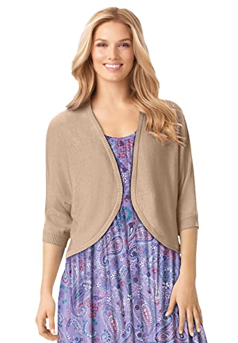 Woman Within Women's Plus Size Rib Trim Cardigan Shrug Sweater - 3X, New Khaki Brown #TOP9