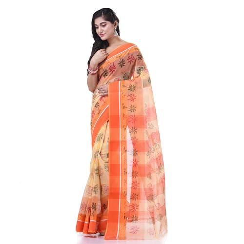 Image of dB DESH BIDESH Women`s Bengal Tant Tree Print Design Pure Handloom Cotton Saree Without Blouse Piece