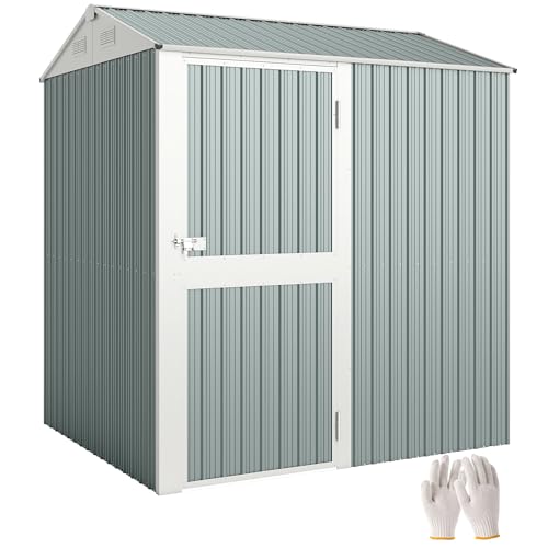 Outsunny Metall Gerätehaus 3,5 m², Hoher Abschließbar Geräteschuppen mit Sattedach Lüftungen Handschuhen, 209 x 177 x 236 cm, Garten Schuppen für Hinterhof Garten Hellgrau