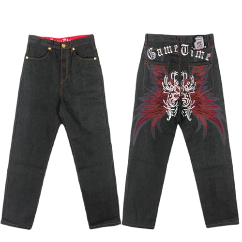 NCDUANSAN Gothic Men's Denim Pants Street Trend Loose Hiphop Street Dance Graffiti Embroidery Casual Straight Leg Wide Leg Wash (Black,38)