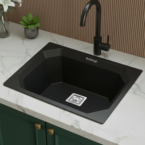 Image of BASINQU Quartz Sink for Kitchen | 24x18x9 Inches Black Single Bowl Sink For Kitchen Basin Diamond Designed | Granite UV Protected Scratch Resistant, Undermount /Topmount Kitchen Sinks