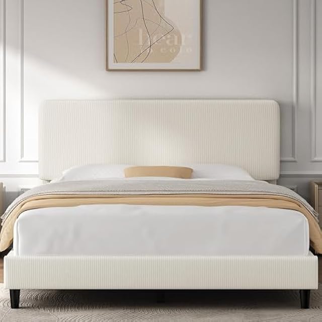 Yaheetech Queen Bed Frame, Adjustable Chenille Upholstered Headboard, Beige