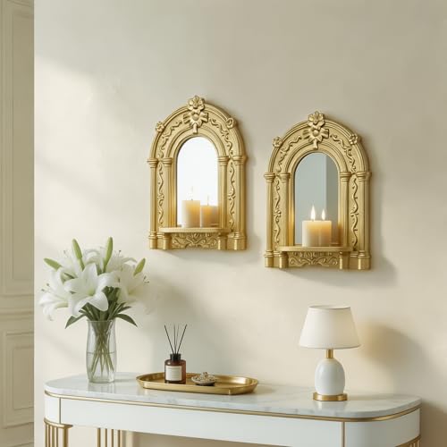 sxnzequnze 2 Set Vintage Candle Wall Sconce for Home Decor Living Room Bedroom Office Wood Antique Mirrored Victorian Mounted Candlestick Wall Holder Relief Hanging Decor -Gold 11.8in