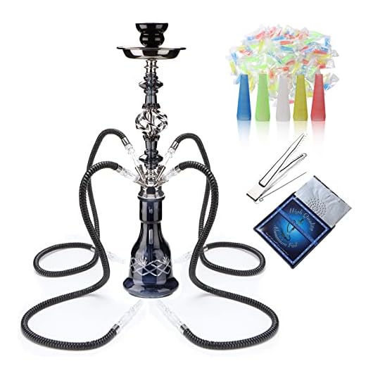 Hookah Set 4 Hose - GRENAOH 22" Premium Hookah Shisha set with Glass Vase, Ceramic Bowl and Coal Tongs Ashtray (4-black)