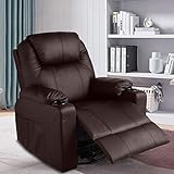 MAGIC UNION Modern PU Leather Massage Recliner Chair Rocking and 360°Swivel Heated Ergonomic Living Room Lounge Chair Single Sofa with 2 Cup Holders and Side Pockets Wireless Remote Control (PU+Brown)