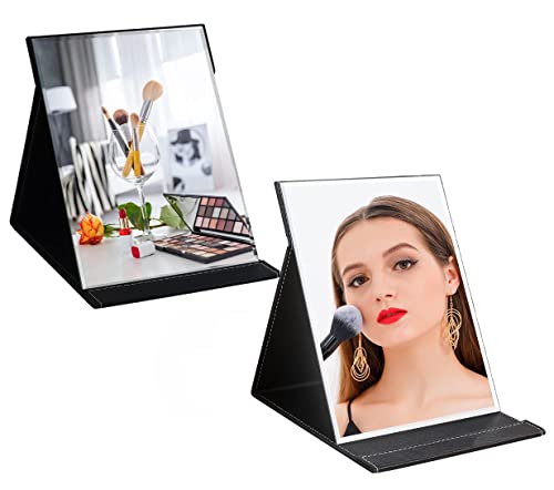 Image of Portable Folding HD Makeup Mirror, Frameless Slim PU Leather Desktop Mirror with Adjustable Stand for Personal Use, Travel, Desktop (Set of 2, Black)