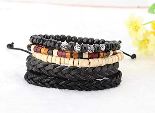 Milacolato 26Pcs Woven Braided Leather Bracelet For Men Women Hemp Cords Wood Beads Cuff Bracelets Adjustable Black #TOP4